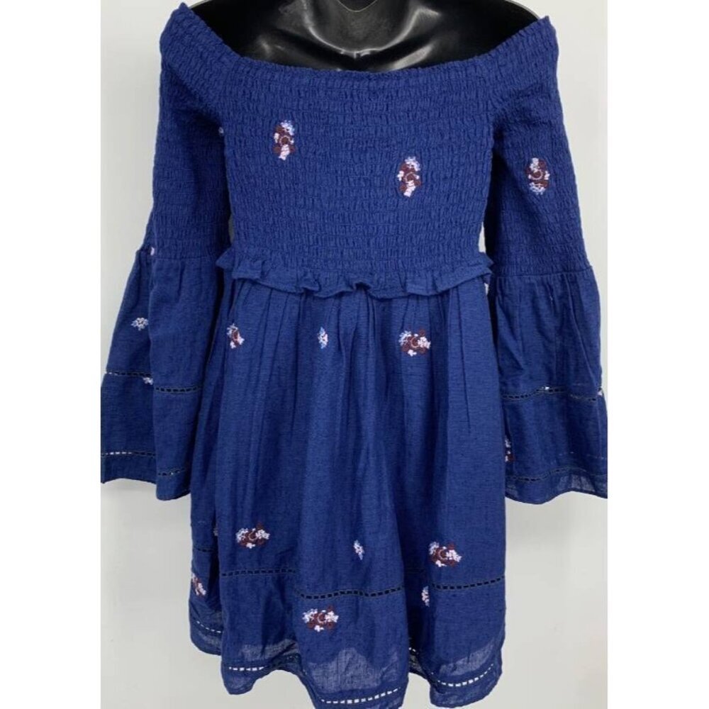 Free People Counting Daisys Navy Blue Dress Smocked Embroidered Extra Small NEW - Picture 8 of 11